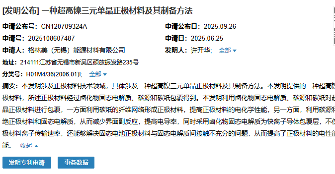 無(wú)錫格林美成功申請(qǐng)“一種超高鎳三元單晶正極材料及其制備方法”專(zhuān)利